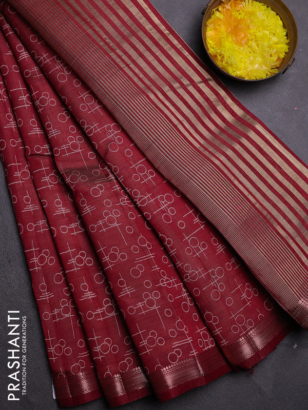 Semi raw silk saree deep maroon with allover geometric prints and zari woven border
