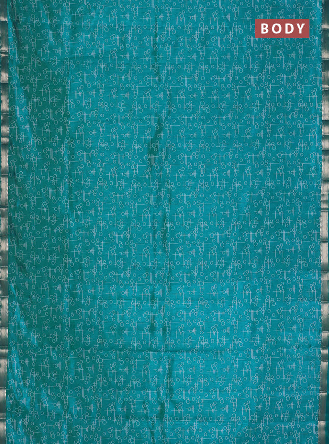 Semi raw silk saree teal blue with allover geometric prints and zari woven border