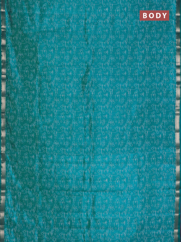 Semi raw silk saree teal blue with allover geometric prints and zari woven border