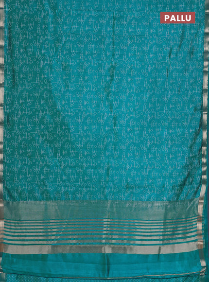 Semi raw silk saree teal blue with allover geometric prints and zari woven border