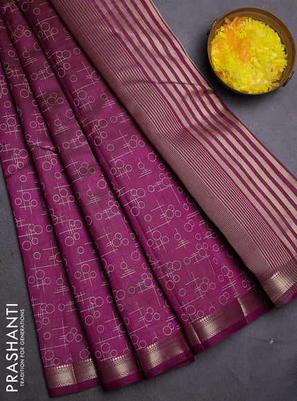 Semi raw silk saree deep purple with allover geometric prints and zari woven border