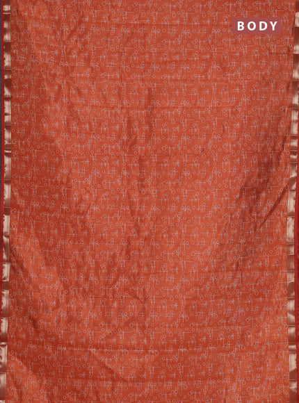 Semi raw silk saree rust shade with allover geometric prints and zari woven border
