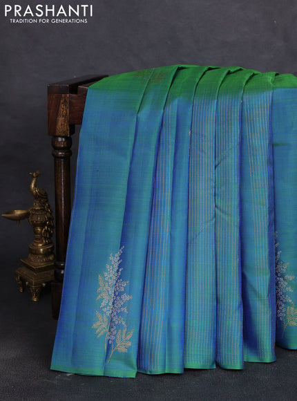 Pure kanchipuram silk saree dual shade of bluish green and deep maroon with allover silver & zari stripe & buttas in borderless style