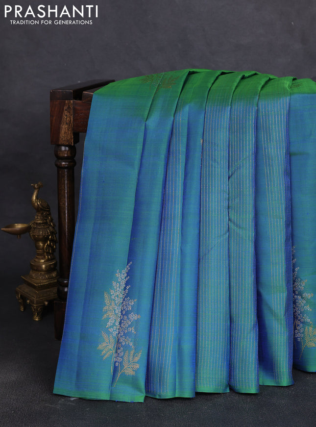Pure kanchipuram silk saree dual shade of bluish green and deep maroon with allover silver & zari stripe & buttas in borderless style