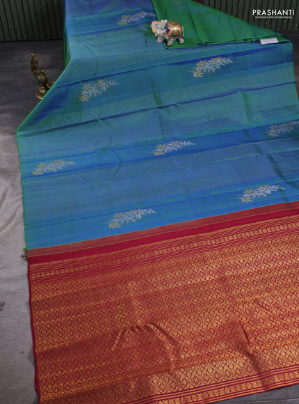 Pure kanchipuram silk saree dual shade of bluish green and deep maroon with allover silver & zari stripe & buttas in borderless style