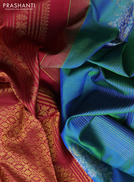 Pure kanchipuram silk saree dual shade of bluish green and deep maroon with allover silver & zari stripe & buttas in borderless style