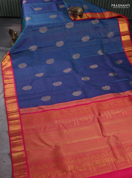 Pure kanchipuram silk saree dual shade of bluish green and red with allover zari checks & buttas and zari woven border