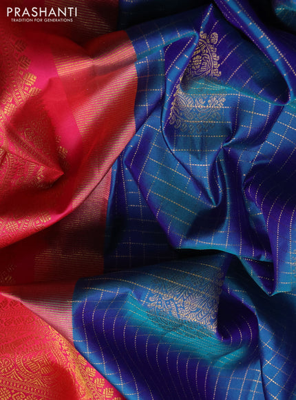 Pure kanchipuram silk saree dual shade of bluish green and red with allover zari checks & buttas and zari woven border