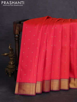 Pure kanchipuram silk saree pinkish orange and dark magenta pink with allover zari woven buttas and zari woven border