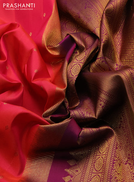 Pure kanchipuram silk saree pinkish orange and dark magenta pink with allover zari woven buttas and zari woven border