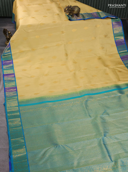 Pure kanchipuram silk saree cream and blue with zari woven buttas and zari woven border