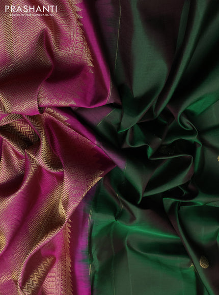 Pure kanchipuram silk saree bottle green and dark pink with zari woven buttas and zari woven border