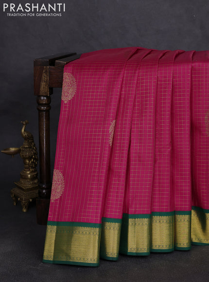Pure kanchipuram silk saree tomato pink and green with allover zari checks & buttas and zari woven korvai border
