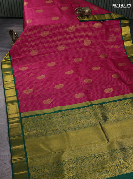 Pure kanchipuram silk saree tomato pink and green with allover zari checks & buttas and zari woven korvai border