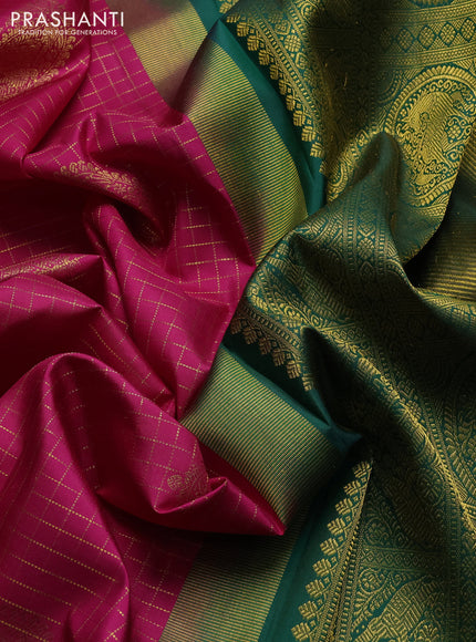 Pure kanchipuram silk saree tomato pink and green with allover zari checks & buttas and zari woven korvai border