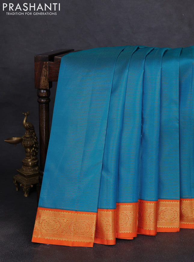 Pure kanchipuram silk saree cs blue and orange with allover vairaosi pattern and zari woven border