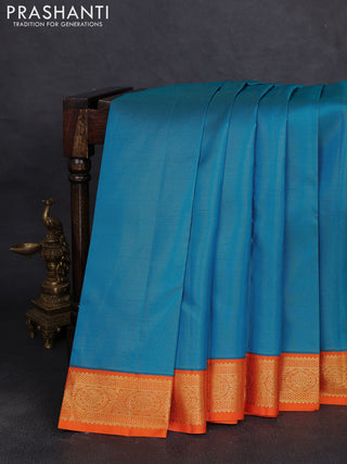 Pure kanchipuram silk saree cs blue and orange with allover vairaosi pattern and zari woven border