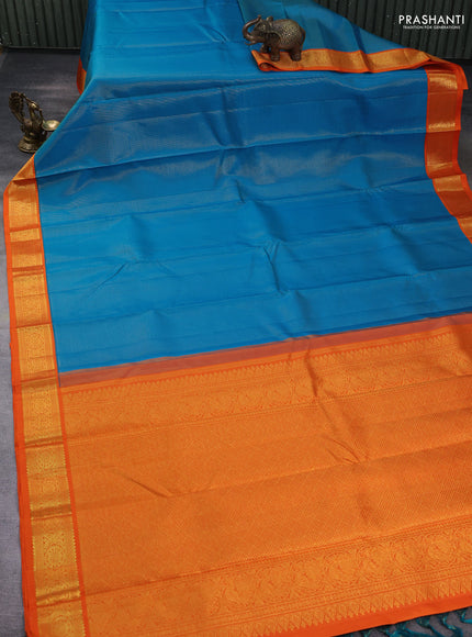 Pure kanchipuram silk saree cs blue and orange with allover vairaosi pattern and zari woven border