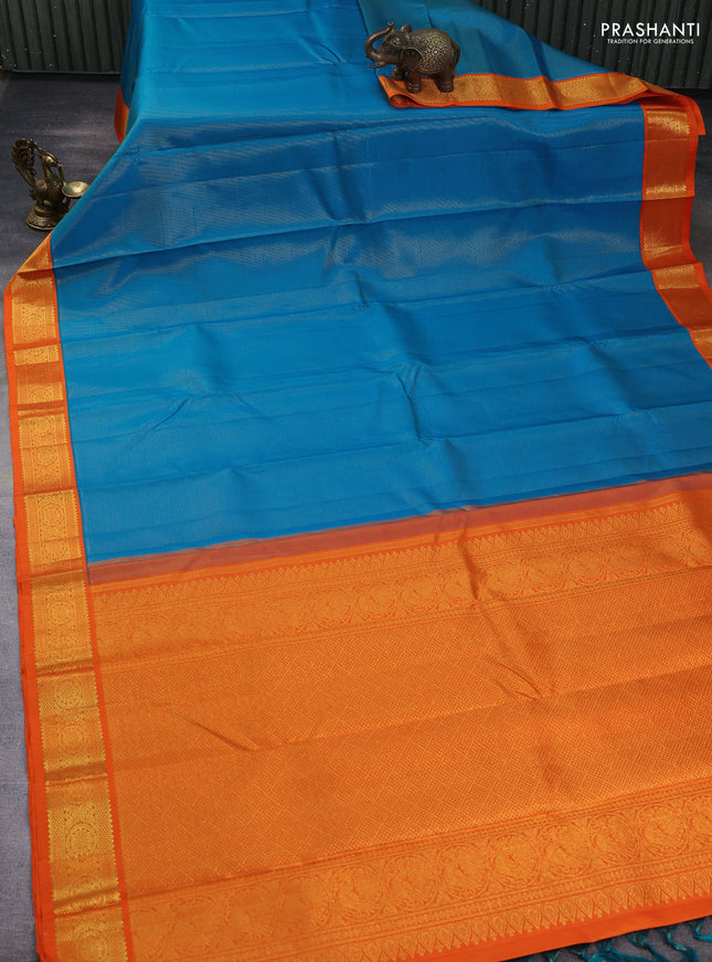 Pure kanchipuram silk saree cs blue and orange with allover vairaosi pattern and zari woven border