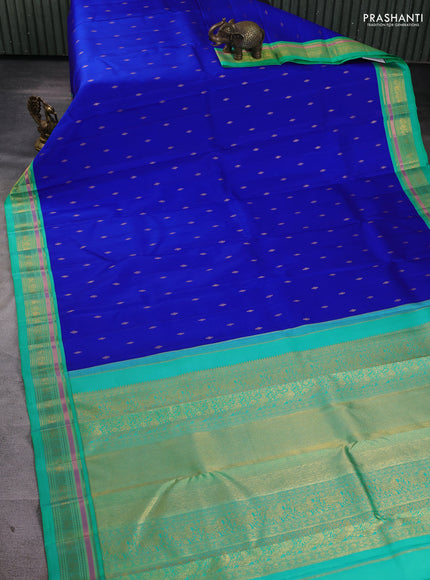 Pure kanchipuram silk saree royal blue and teal green with allover zari woven buttas and zari woven border