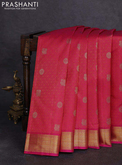 Pure kanchipuram silk saree pinkish orange and pink with allover self embose zari woven buttas and zari woven border