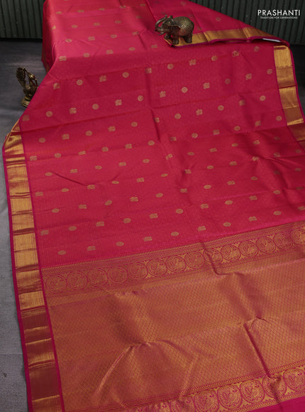 Pure kanchipuram silk saree pinkish orange and pink with allover self embose zari woven buttas and zari woven border