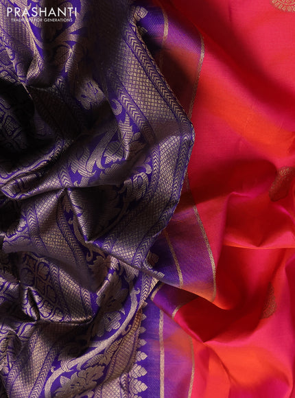 Pure kanchipuram silk saree pinkish orange and navy blue with allover zari woven buttas and zari woven border