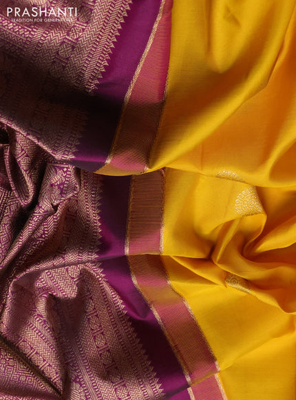 Pure kanchipuram silk saree yellow and dark magenta with allover zari woven buttas and zari woven border