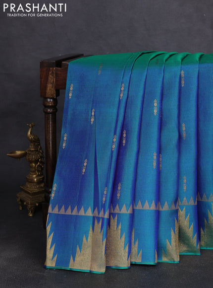 Pure kanchipuram silk saree dual shade of bluish green with zari woven buttas and temple zari woven border