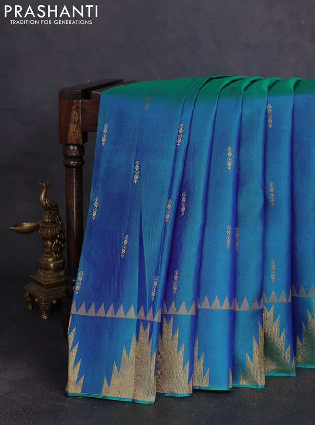 Pure kanchipuram silk saree dual shade of bluish green with zari woven buttas and temple zari woven border