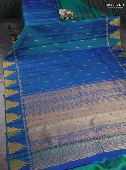 Pure kanchipuram silk saree dual shade of bluish green with zari woven buttas and temple zari woven border