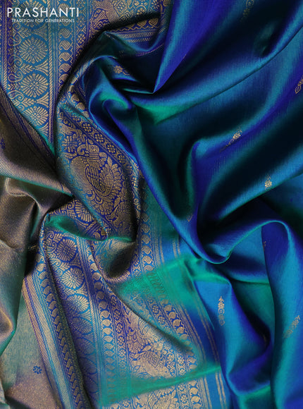 Pure kanchipuram silk saree dual shade of bluish green with zari woven buttas and temple zari woven border
