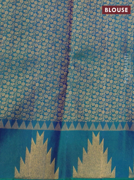 Pure kanchipuram silk saree dual shade of bluish green with zari woven buttas and temple zari woven border