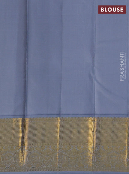 Pure kanchipuram silk saree yellow and grey with allover zari woven buttas and zaari woven korvai border