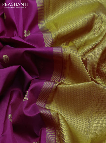 Pure kanchipuram silk saree magenta pink and mustard yellow with zari woven buttas and zari woven border