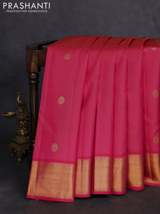 Pure kanchipuram silk saree tomato pink and green with allover vairaosi pattern & buttas and zari woven border