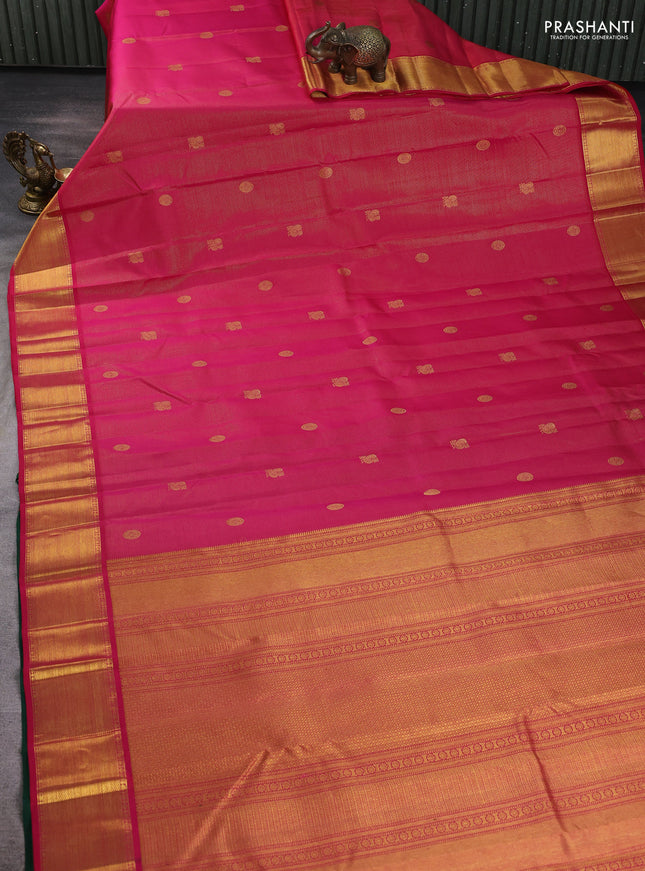 Pure kanchipuram silk saree tomato pink and green with allover vairaosi pattern & buttas and zari woven border