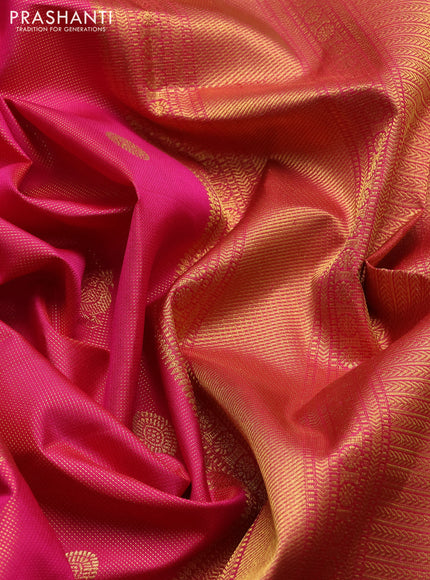 Pure kanchipuram silk saree tomato pink and green with allover vairaosi pattern & buttas and zari woven border