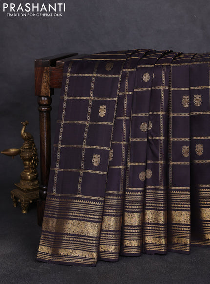 Pure kanchipuram silk saree deep jamun shade with allover zari checks & buttas and long zari woven border
