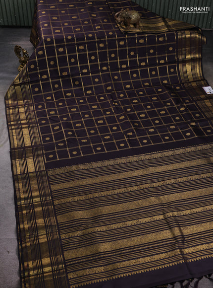 Pure kanchipuram silk saree deep jamun shade with allover zari checks & buttas and long zari woven border