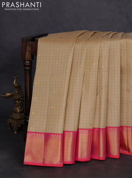 Pure kanchipuram silk saree beige and red with allover checks & zari woven buttas and rich zari woven border