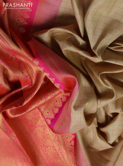 Pure kanchipuram silk saree beige and red with allover checks & zari woven buttas and rich zari woven border