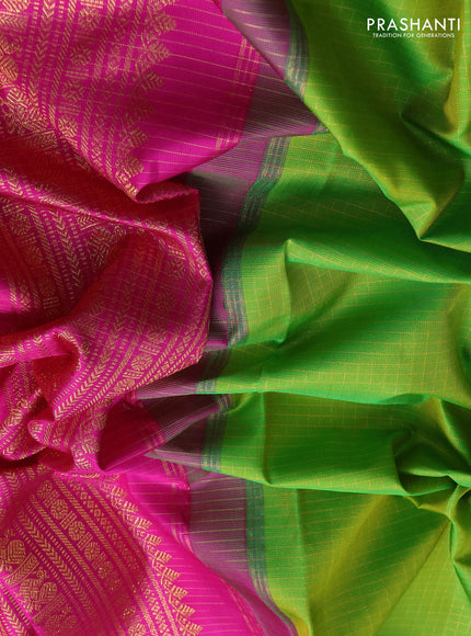 Pure kanchipuram silk saree fluorescent green and pink wwith allover zari small checked pattern and zazri woven border