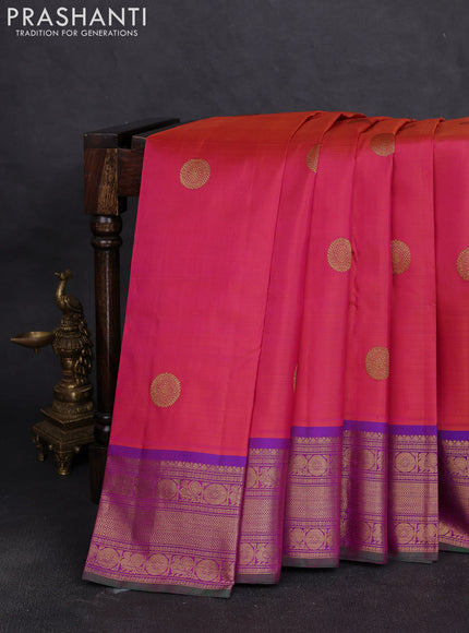 Pure kanchipuram silk saree dual shade of bluish pink and purple with allover ruddraksha zari woven buttas and zari woven border
