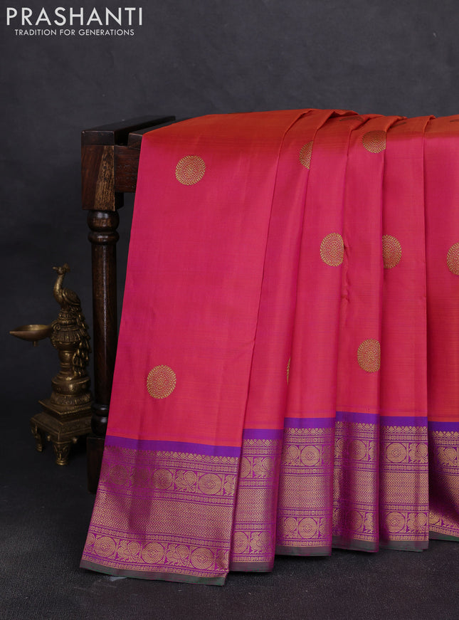 Pure kanchipuram silk saree dual shade of bluish pink and purple with allover ruddraksha zari woven buttas and zari woven border
