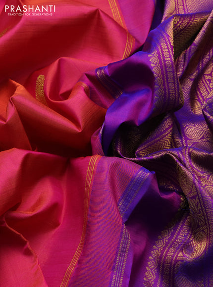 Pure kanchipuram silk saree dual shade of bluish pink and purple with allover ruddraksha zari woven buttas and zari woven border