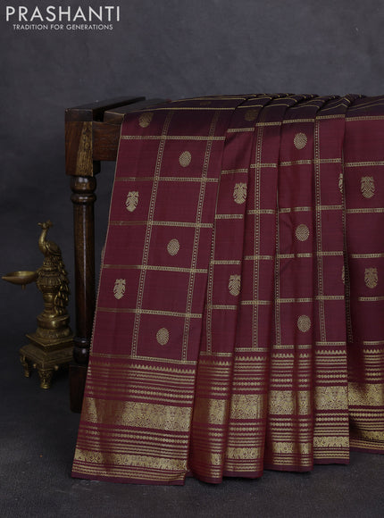 Pure kanchipuram silk saree deep maroon with allover zari checks & buttas and zari woven border