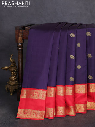Pure kanchipuram silk saree deep violet and red with zari woven buttas and rettapet zari woven border