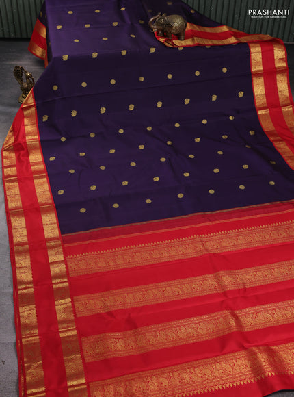 Pure kanchipuram silk saree deep violet and red with zari woven buttas and rettapet zari woven border