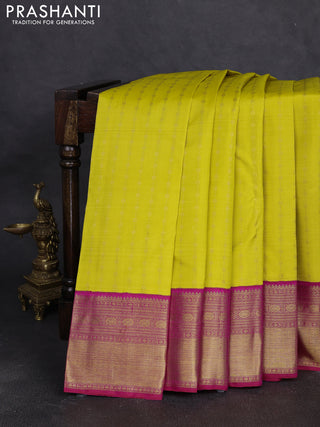 Pure kanchipuram silk saree lime yellow and pink with allover zari weaves and zari woven korvai border